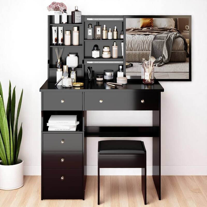 37" Makeup Vanity Table with Left Drawers, Sliding Mirror & High-Capacity Storage, Includes Stool - Black