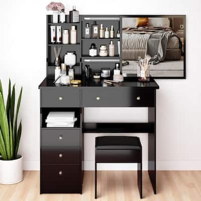 37" Makeup Vanity Table with Left Drawers, Sliding Mirror & High-Capacity Storage, Includes Stool