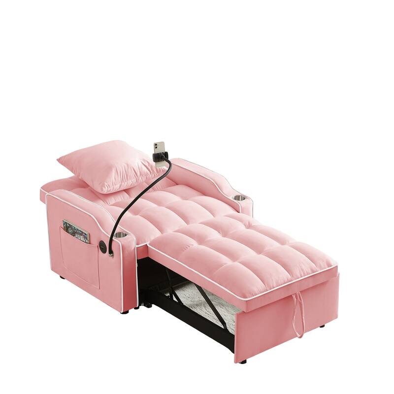 Convertible Pull-Out Chair Bed with USB Ports, Adjustable Backrest & Cup Holder
