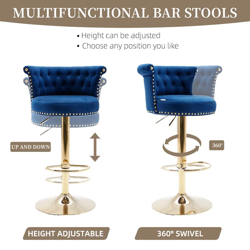 Velvet Upholstered Tufted Nailheads Swivel Adjustable Height Bar Stools With Golden Footrest(set of 2)
