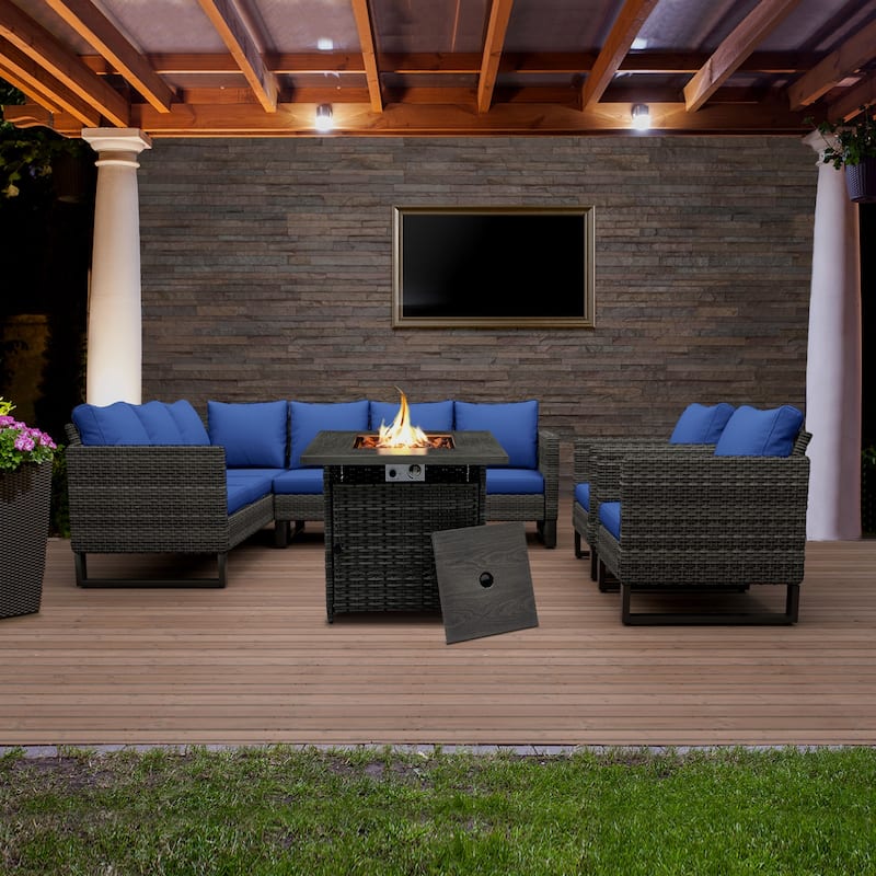 5-Piece Outdoor Sectional Sofa Set with Fire Pit Table - Grey - Blue