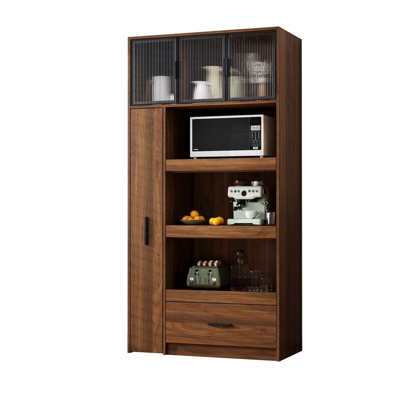 Roomfitters Kitchen Pantry Cabinet with Pull-Out Storage Shelf, Microwave Stand and Drawer, Freestanding Food Hutch, Walnut