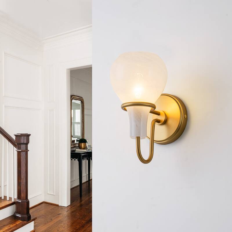 Modern Gold Vanity Light with Clouded Glass Bulb-Vase Shades Bathroom - 1-Light