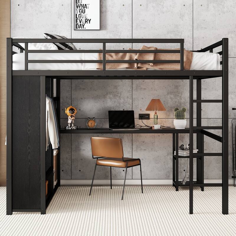 Queen Size Metal Loft Bed with Built-in Wardrobe, Desk and Storage Shelves