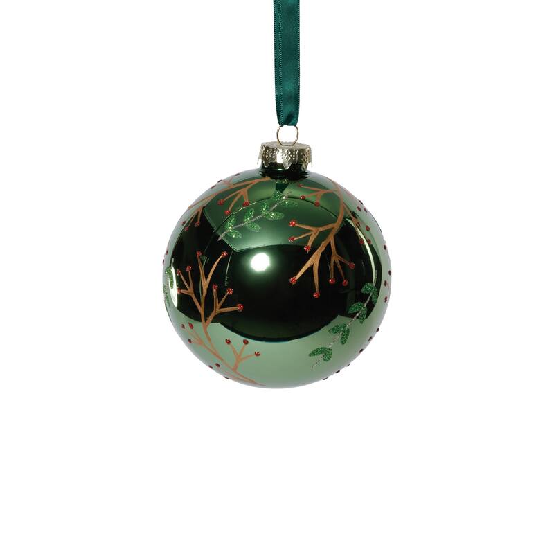 Shiny Green Metallic Glass Ball Ornaments with Gold Leaf & Twig Design, Set of 6, 4"
