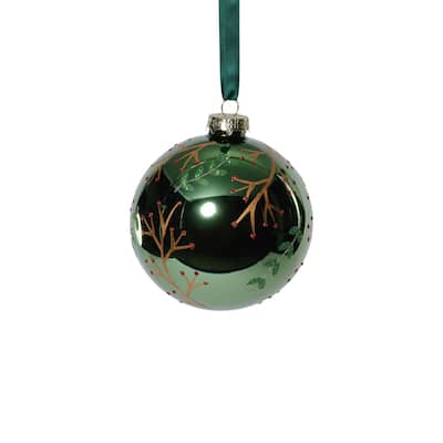 Shiny Green Metallic Glass Ball Ornaments with Gold Leaf & Twig Design, Set of 6, 4"