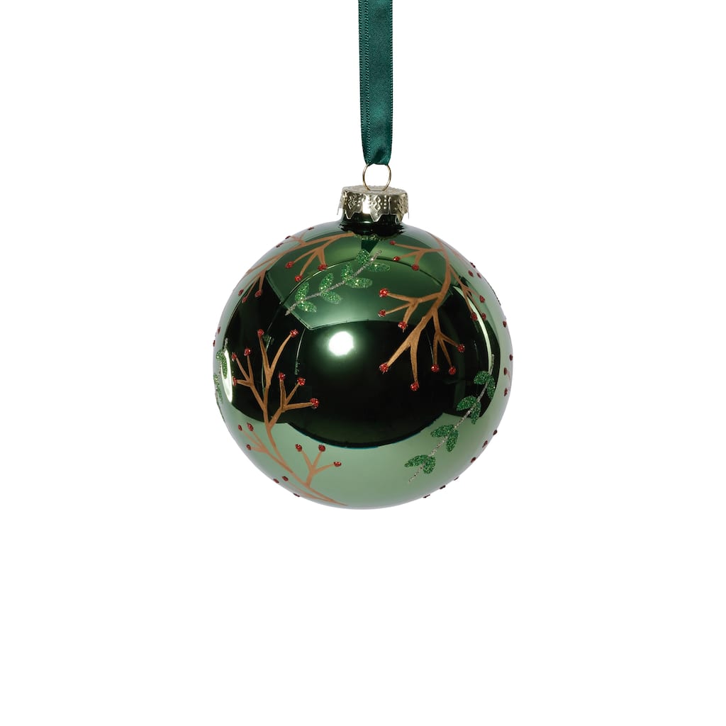 Shiny Green Metallic Glass Ball Ornaments with Gold Leaf & Twig Design, Set of 6, 4"