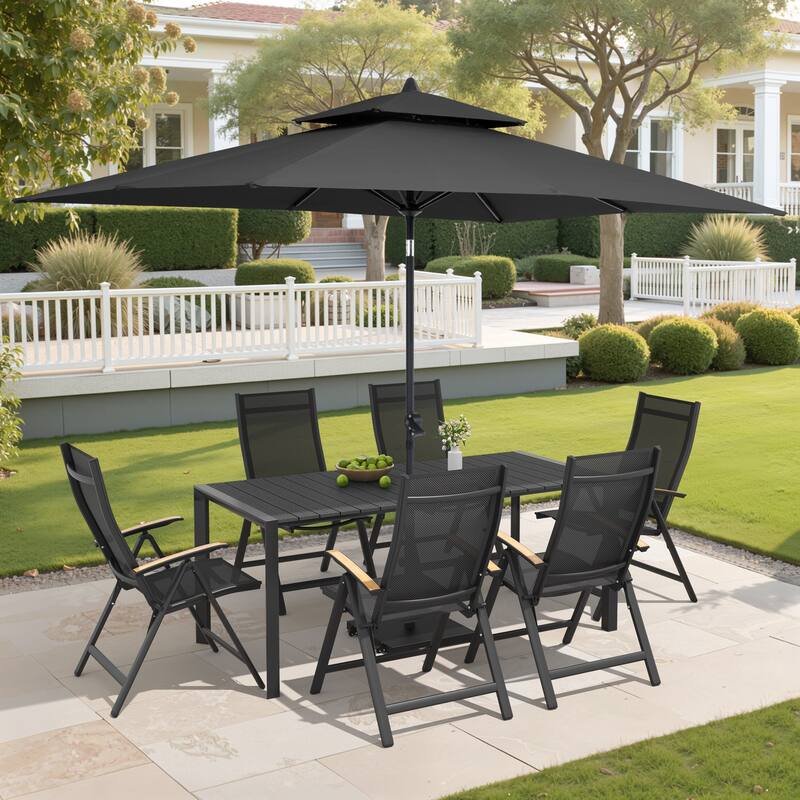 9/11-Piece Outdoor Patio Dining Set Aluminum Dining Table and Chairs w/10 ft Market Umbrella and Base with Wheels - Set of 9 - Black Table with Black Umbrella