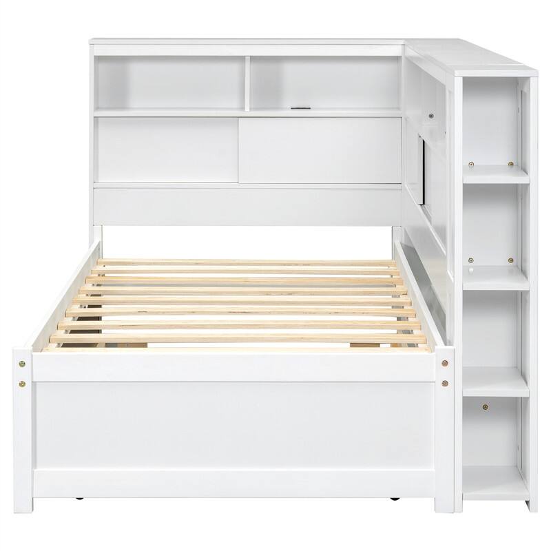 Twin Size L-Shaped Daybed with Storage Bookcase Headboard and Twin Size Trundle, Wooden Sofa Bed Frame w/ USB & Storage Shelves