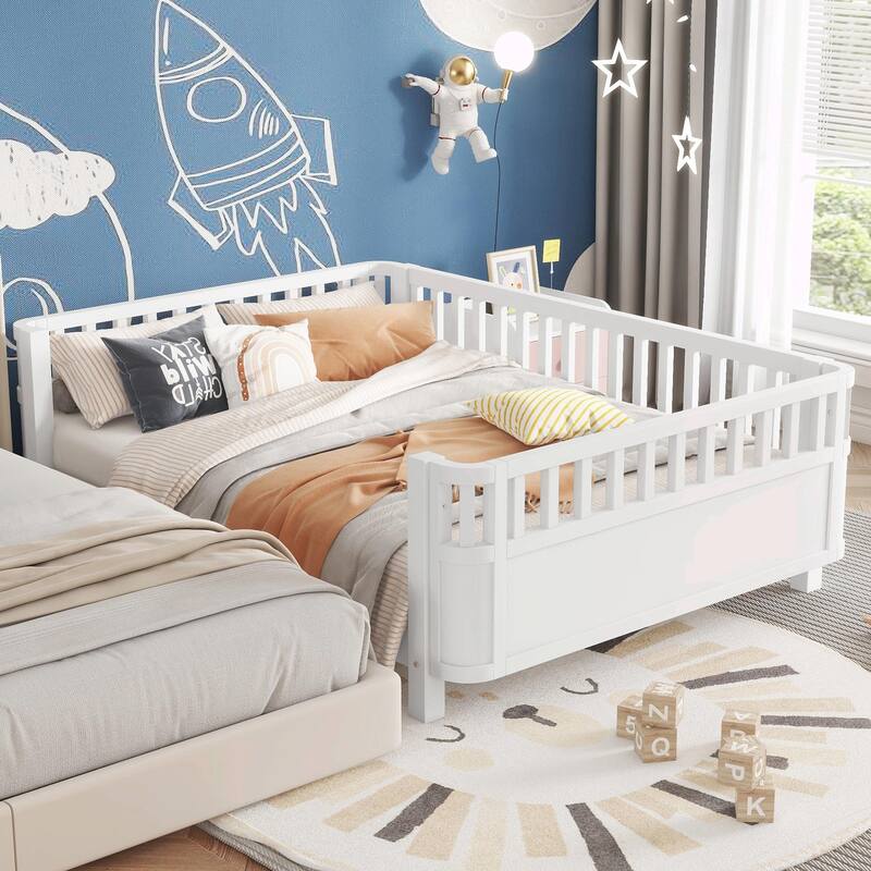 Wood Platform Bed for Kids, Low Profile Wooden Full Bed with Rails