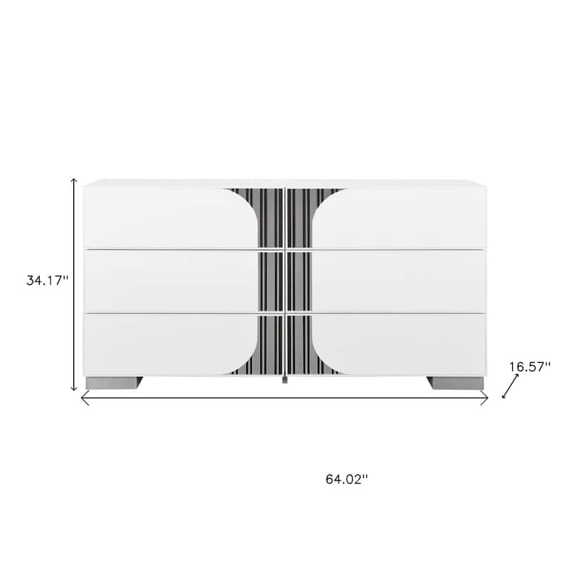 HomeRoots 64" White Wood With Silver And Black Mirrored Accents Six Drawer Double Dresser