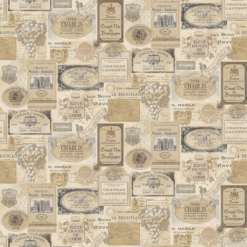 Galerie Wallcoverings Kitchen Recipes Wine Labels Vinyl on Non-woven Matte Wallpaper Roll - 33 feet x 21 inches - Beige/Grey