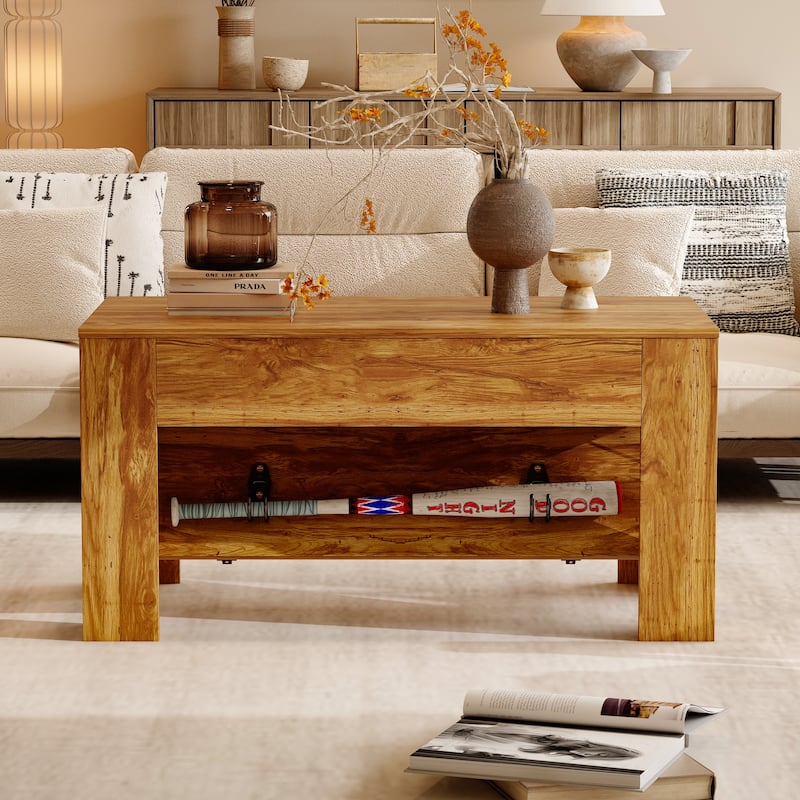 Solid Wood Coffee Table with Hidden Compartment Storage for Living Room - Wood(Walnut)