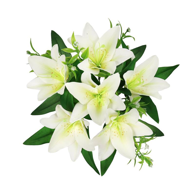 Set of 4 Cream White Artificial Stargazer Lily Flower Stem Bush Bouquet 13in - 13" L x 8" W x 8" DP