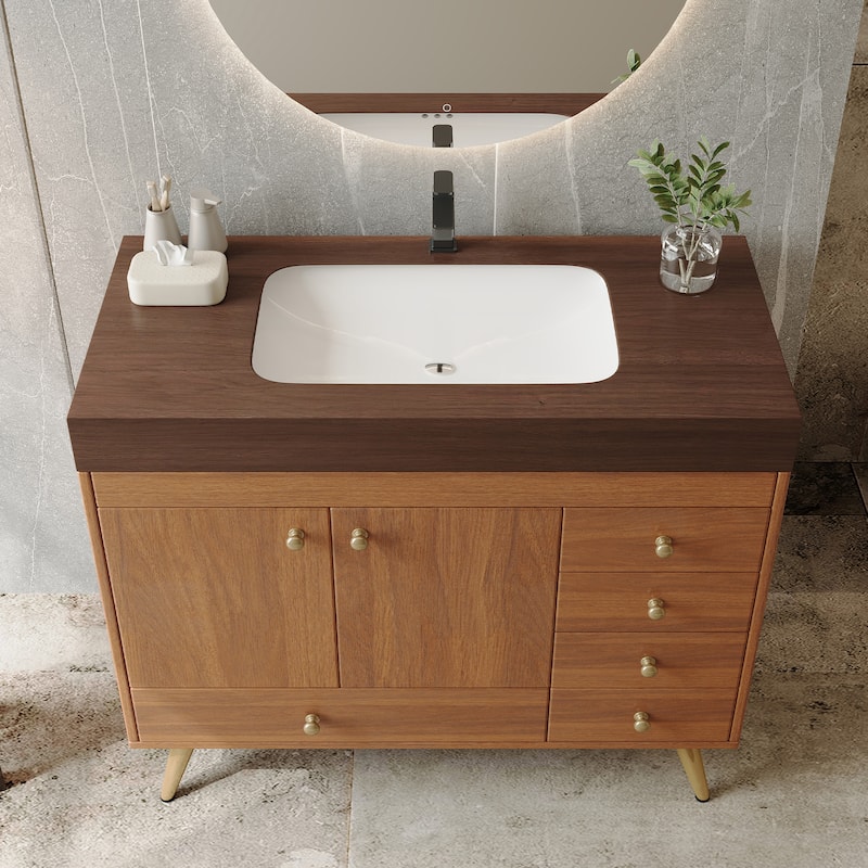36" Bathroom Vanity with Faux Marble Top & Ceramic Sink, 5-Drawer Storage Cabinet with Stainless Steel Legs