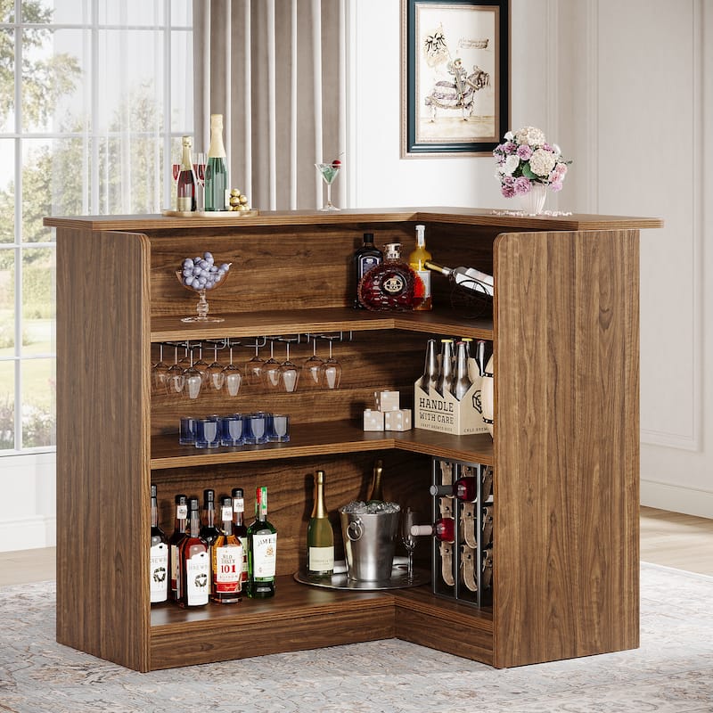 L-shaped bar Cabinet 4-tier Liquor Bar Table with Storage for Kitchen, Brown - N/A