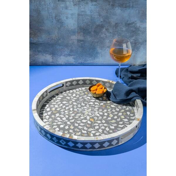 slide 2 of 7, GAURI KOHLI Jodhpur Mother of Pearl Decorative Tray - Gray, 18" Grey