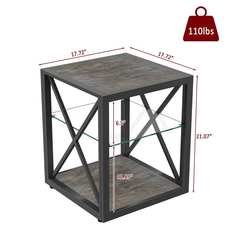 Set Of 2 Modern End Table Nightstand, Tempered Glass&Rustic Wood Grain Mdf,Industrial Style Side Table