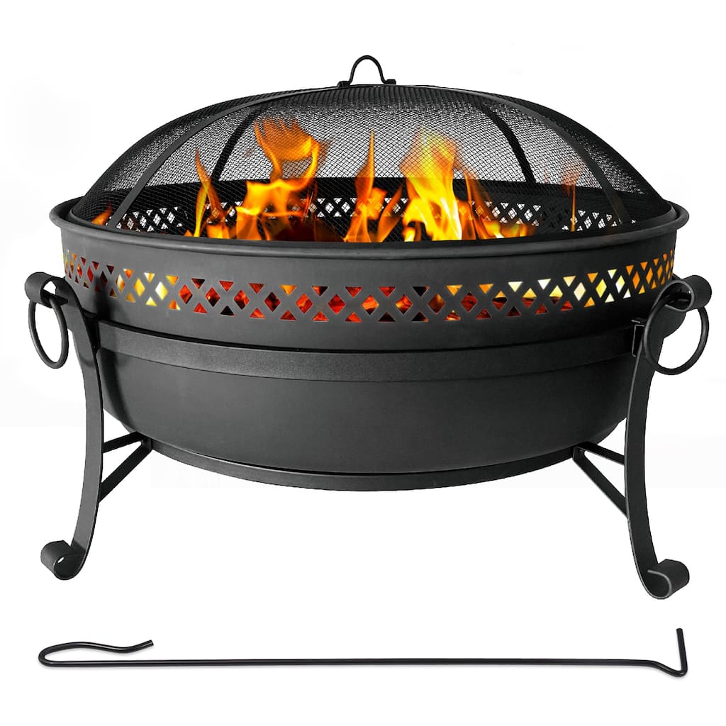 Black Cross Weave Large Round Steel Wood Burning Fire Pit with Spark Screen