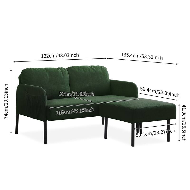 L-Shaped 2 Seater Sofa with Ottoman, Modern Polyester Fabric Loveseat Sofa, Comfy Small Couches for Small Space