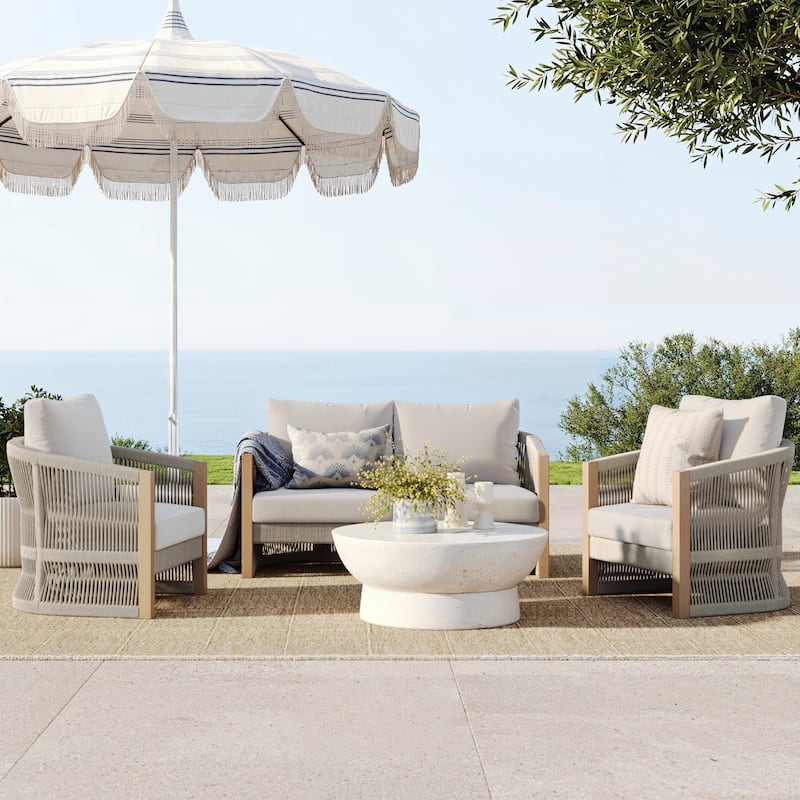 Jagger Farmhouse Patio Seating with Solid Acacia Wood Frame, Cushions, and Rope Accent - Ash White/Gray Oak - 1 Loveseat 2 Armchairs