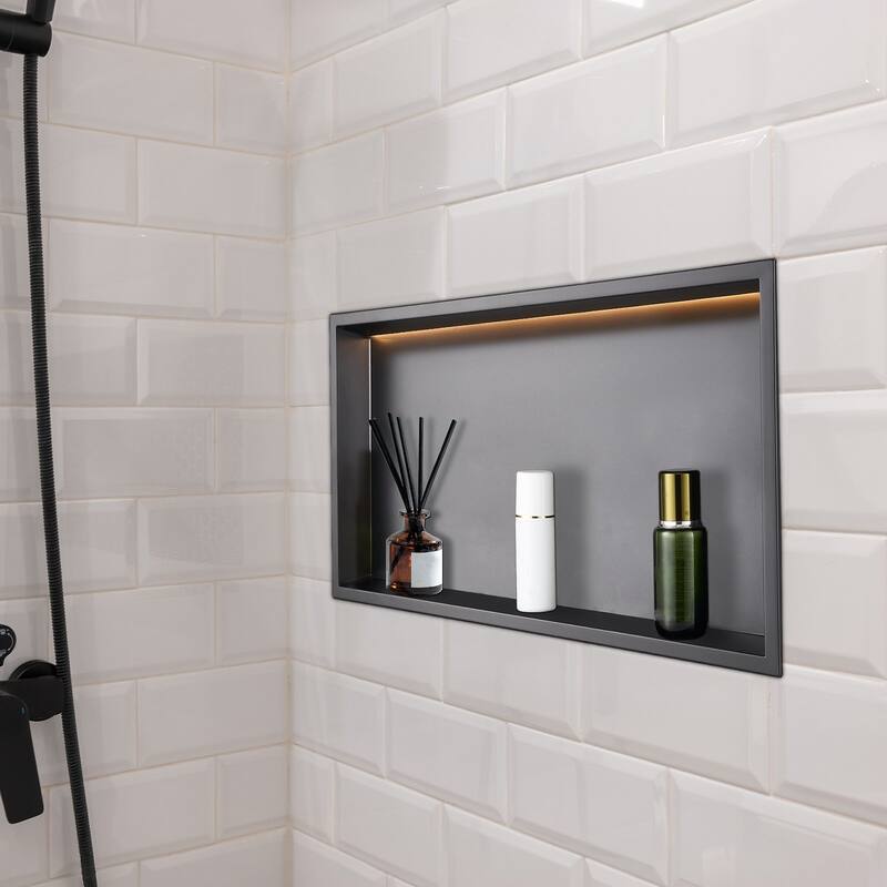 Black Stainless Steel Shower Niche with Waterproof Seamless Design and 3000K LED Light - 4 x 13 x 25 inches
