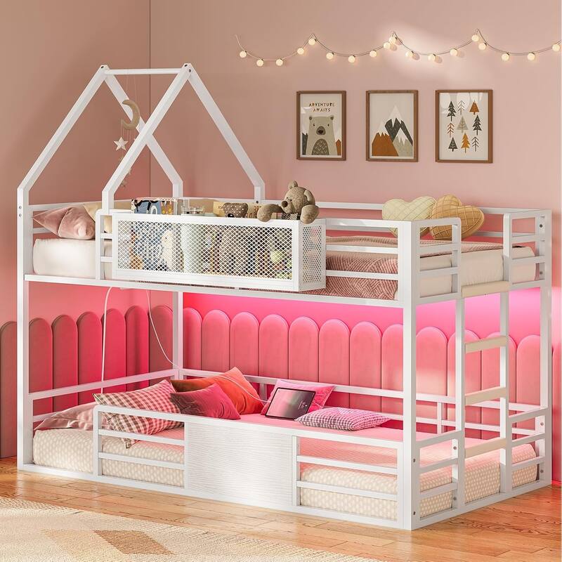 House Low Loft Bed Twin Size Storage Drawers Bookcase LED Lights - White - TOT