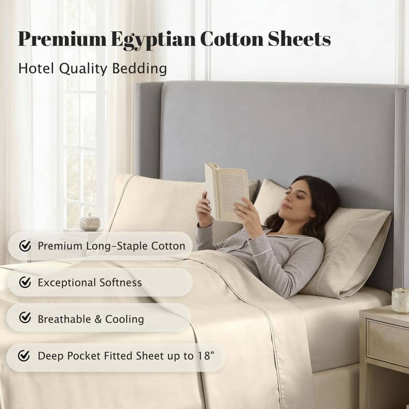 Superior Egyptian Cotton 530 TC Sheet Set Sateen Weave, Deep Pocket, Ultra‑Soft & Breathable Bedding