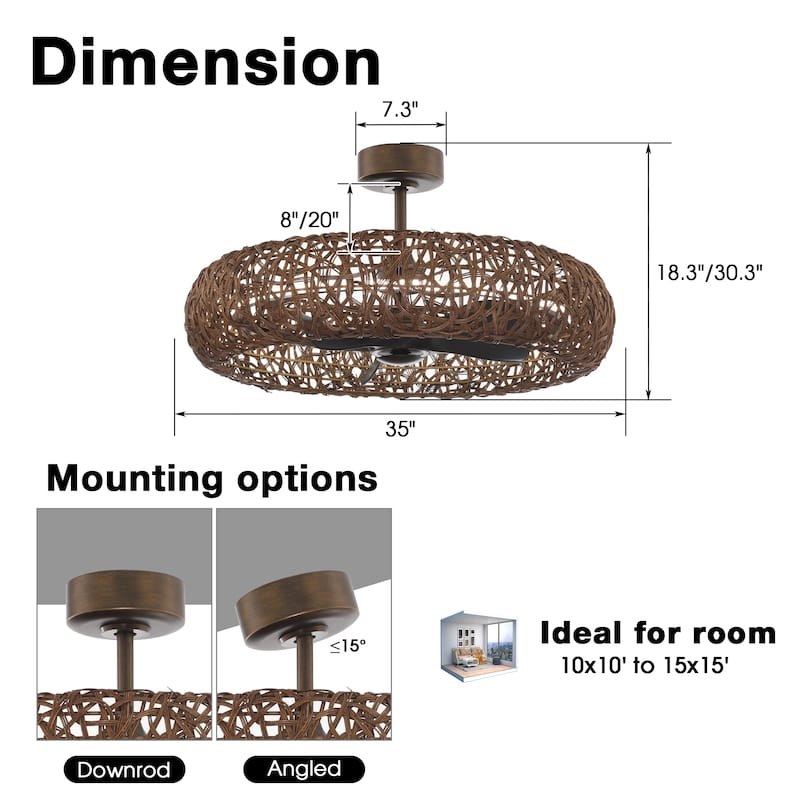 Perimost 35" Coastal Rattan 6-Speed Caged Ceiling Fan with Light and Remote