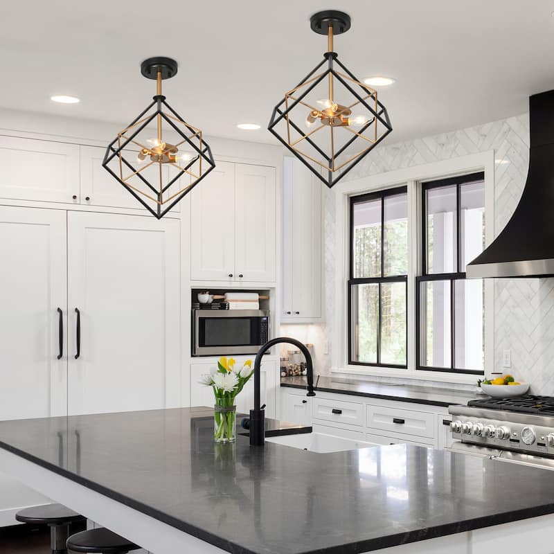 Modern Farmhouse 3-Light Black Gold Lantern Semi-flush Mount Transitional Sputnik Ceiling Lights