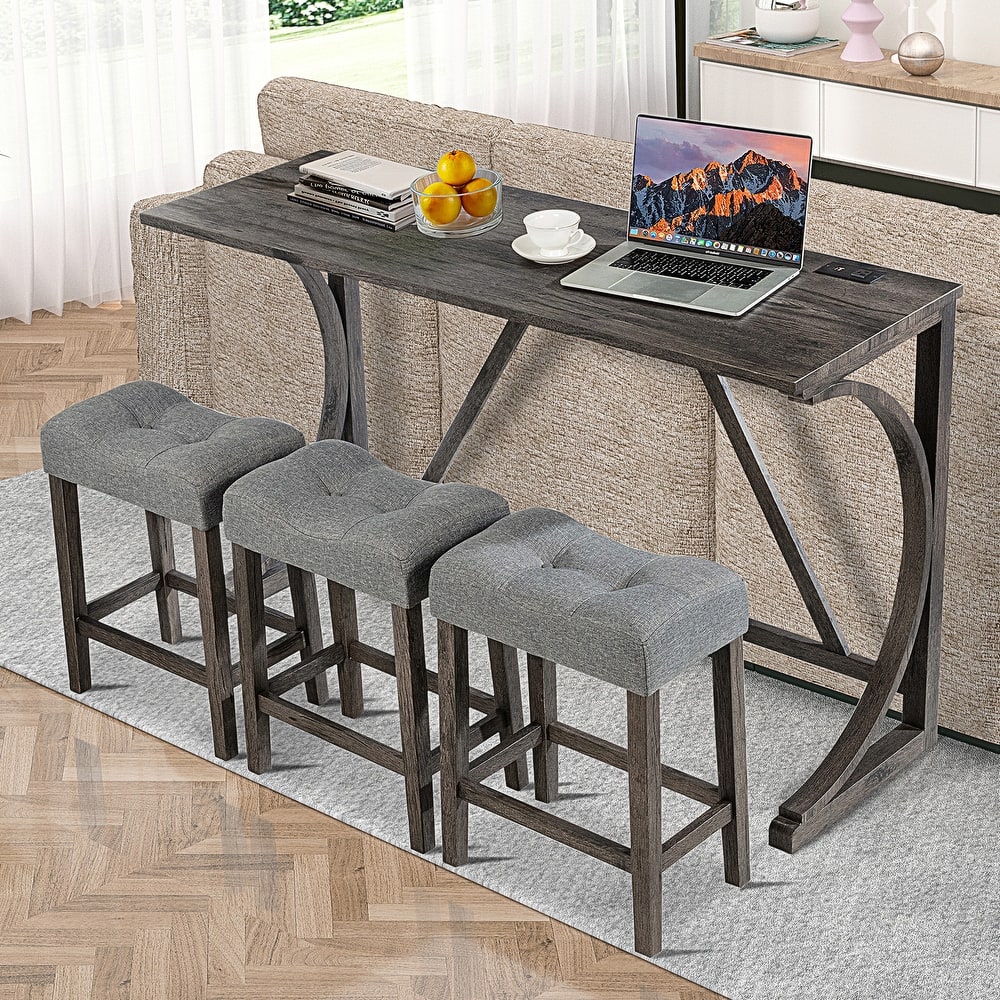 4 Piece Rubber Wood Dining Bar Table Set with 3 Padded Stools and Power Outlet