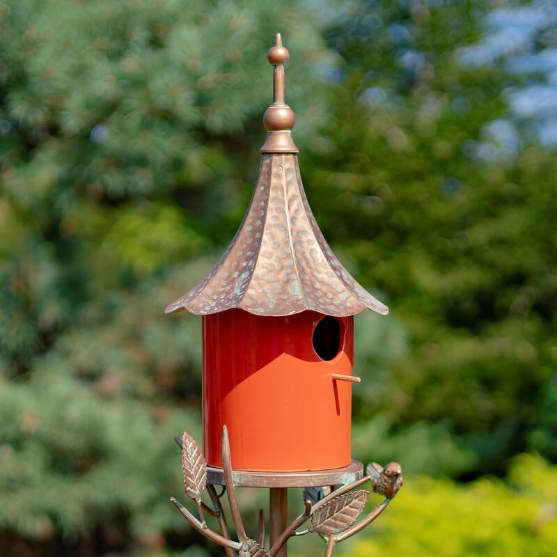 69.25" Tall Iron & Orange Porcelain Birdhouse Stake "Amsterdam" - 9.5" L x 8" W x 69.25" H - Orange/Brown