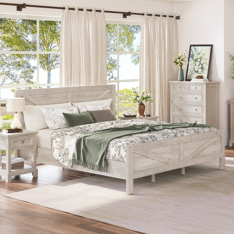 Modern Bedroom Furniture King/Queen Size Solid Wood Platform Bed,Platform Bed Frame With Wooden Headboard,No Box Spring Needed - King - Old wood white/King