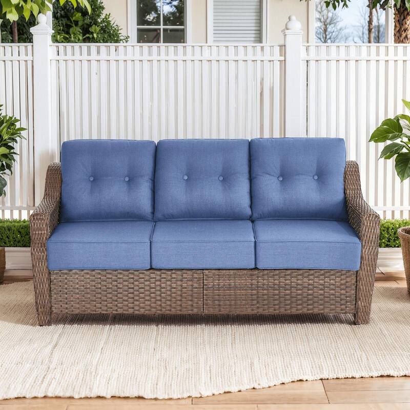 Pocassy Wicker Sofa Chair Set for Garden - Brown Wicker & Blue Cushion - 3-Seat Sofa