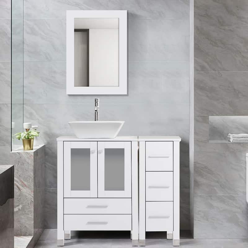 36" Bathroom Vanity with Sink Set Side Cabinet - White - W-Ceramic square sink