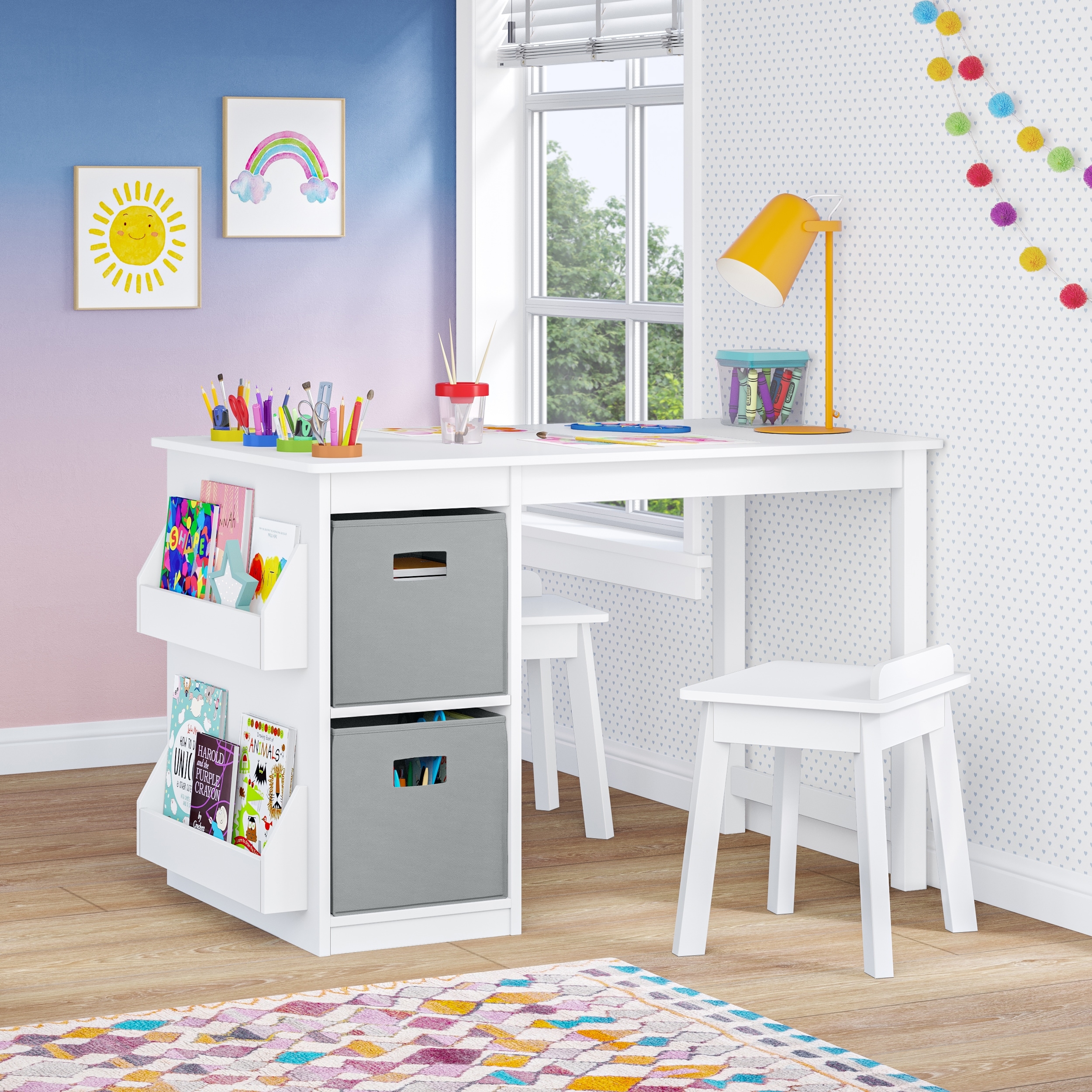 RiverRidge Kids Playroom Art Activity Table with 2 Cubbies and 2 Bookracks White with 2 Gray Fabric Bins On Sale Bed Bath Beyond 39613612