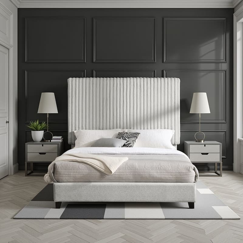 Bridgevine Home Minky Stone Grey Channel Headboard Upholstered Platform Bed