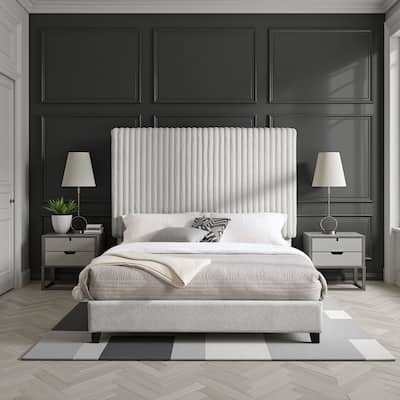 Bridgevine Home Minky Stone Grey Channel Headboard Upholstered Platform Bed