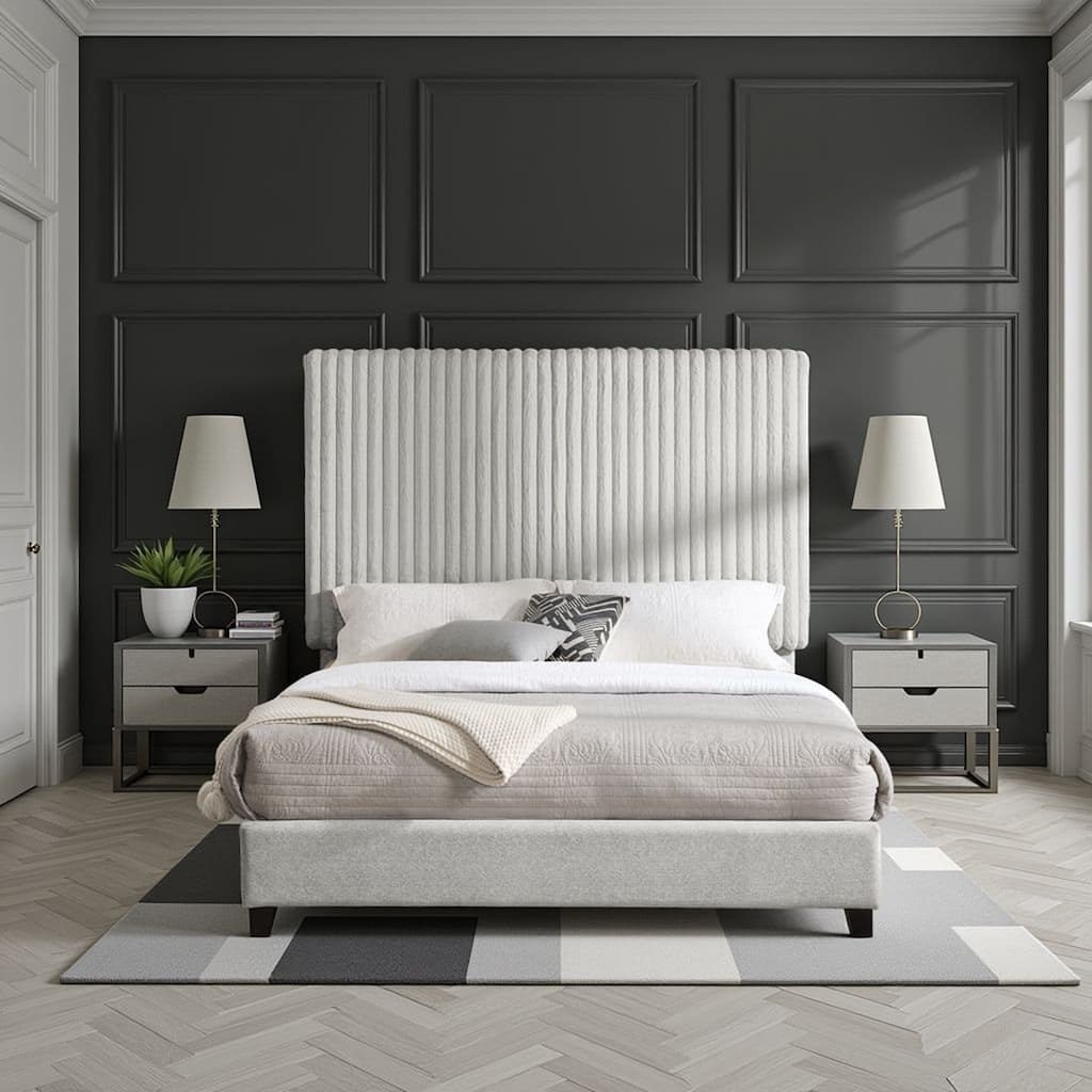Bridgevine Home Minky Stone Grey Channel Headboard Upholstered Platform Bed