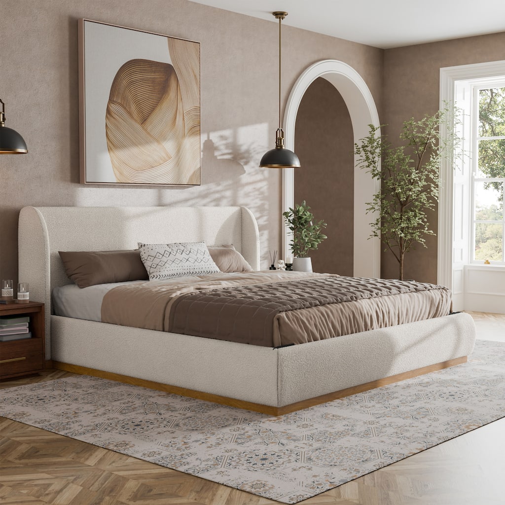 Furniture of America Zevi Modern White Boucle Upholstered Platform Bed