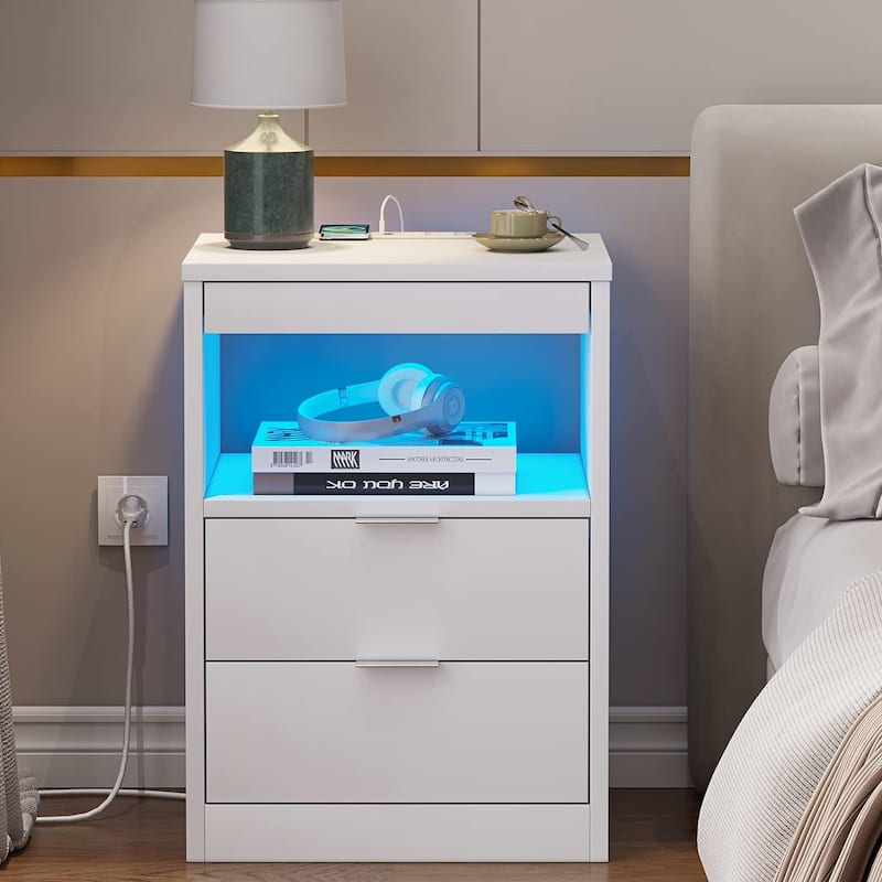 2 Drawers LED Nightstand Wireless Charging Station Pull-Out Shelf - White