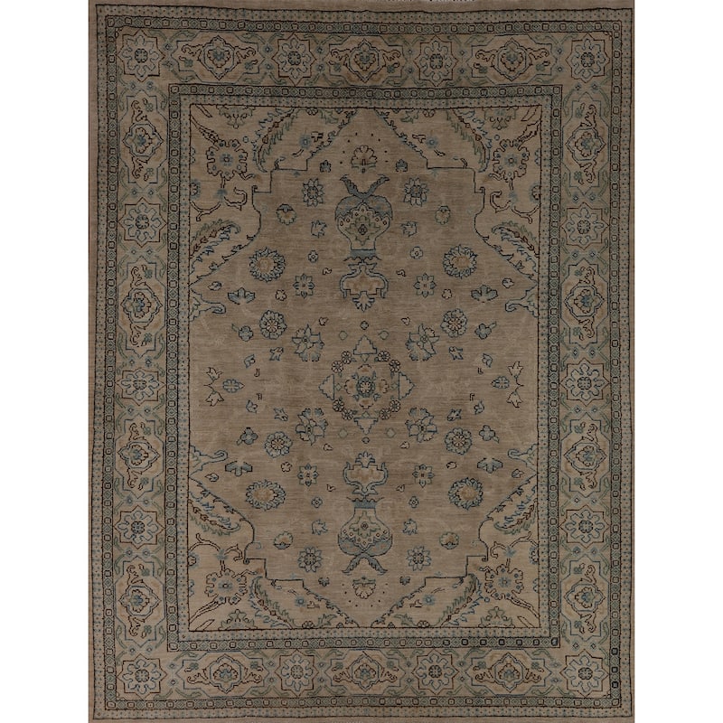Vegetable Dye Oushak Turkish Rug Handmade Beige Floral Wool Carpet - 7'10"x 9'6"