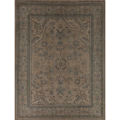 Vegetable Dye Oushak Turkish Rug Handmade Beige Floral Wool Carpet - 7'10"x 9'6"