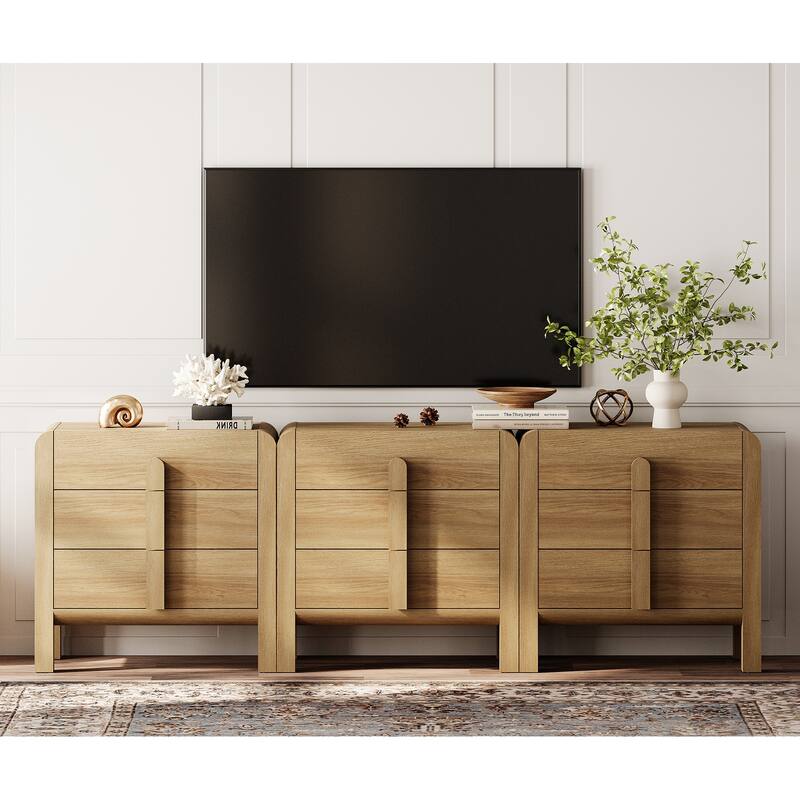 WAMPAT Modern 9 Drawer Dresser TV Stand For Tvs Up To 100 Inch, Cruved Entertainment Center, Wood TV Console With Storage - Walnut