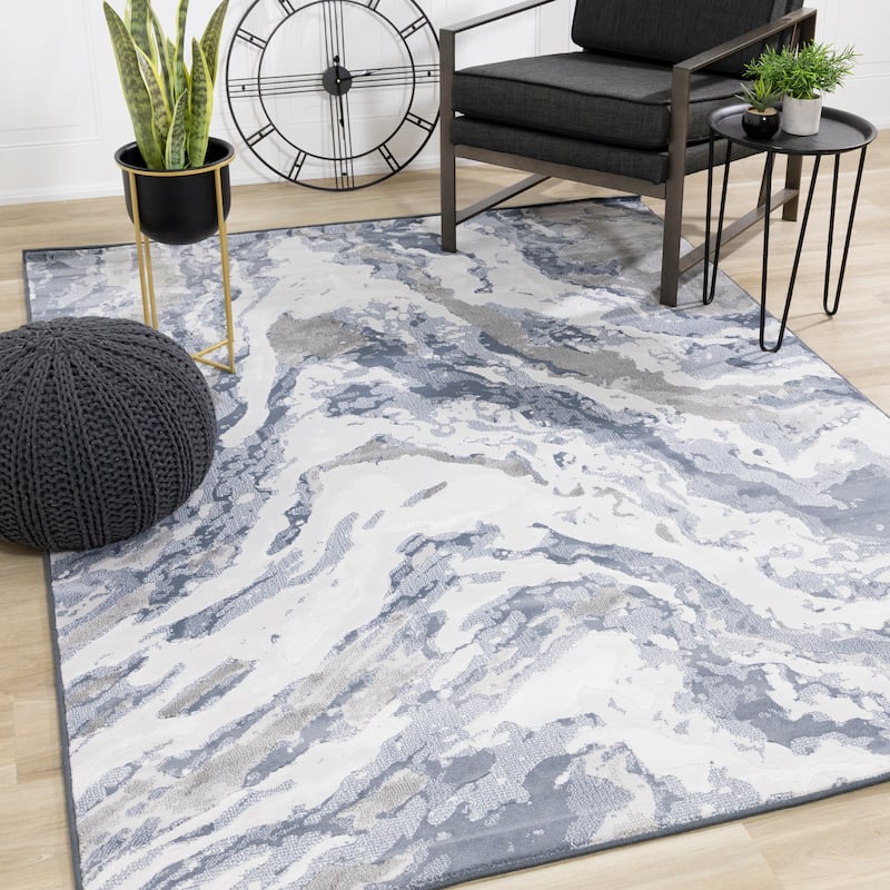 Isabelle Collection - Blue/White/Beige Rushing Water Rug - 5'3" x 7'7"