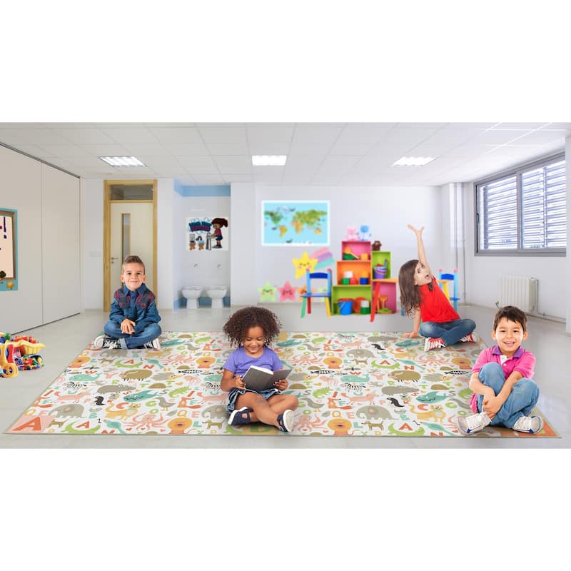 Deerlux 6 ft. Social Distancing Colorful Kids Classroom Seating Area Rug, ABC Animal Design