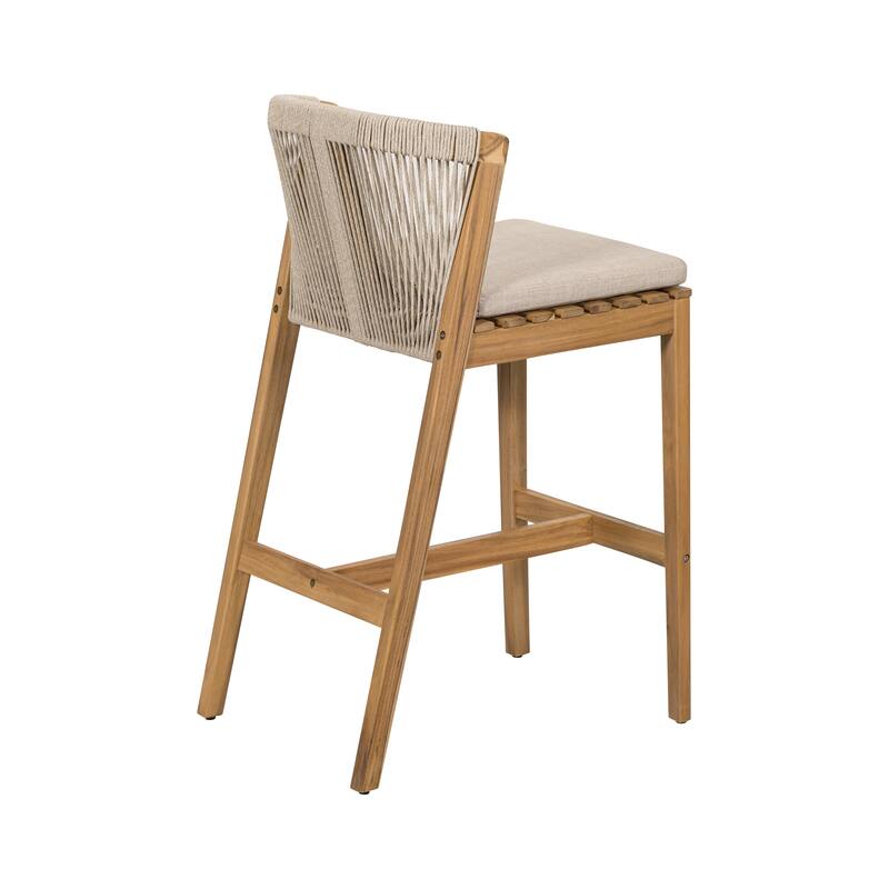 Roomfitters Louie Outdoor Acacia Wood Barstools with Rope Woven Back, Teak Finish and Beige Set of 2