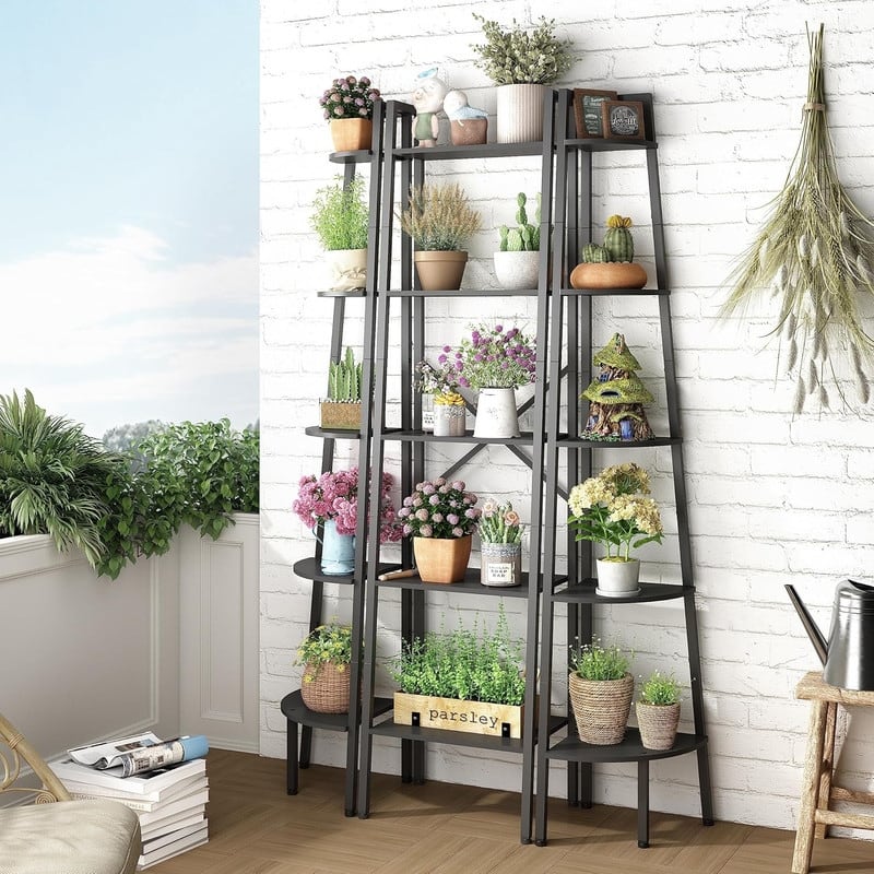 5-Tier Corner Bookshelf, Rustic Ladder Shelf