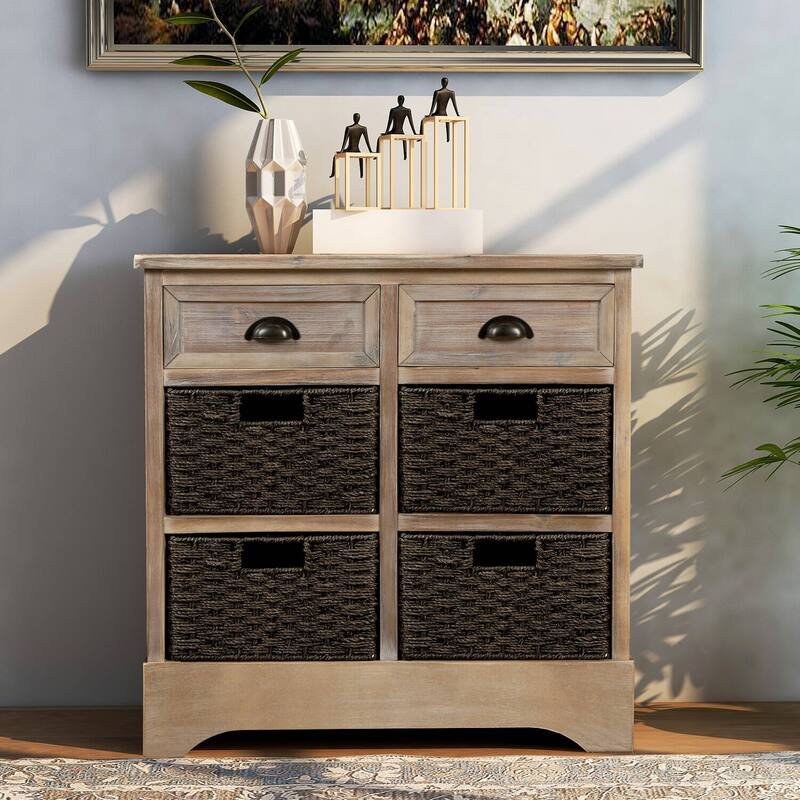 Rustic Storage Cabinet with Two Drawers and Four Classic Rattan Basket - White Washed