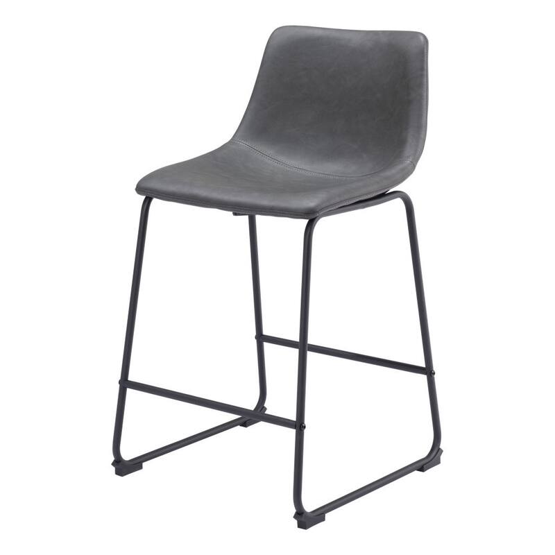 HomeRoots Set of Two 24" Charcoal and Black Faux Leather and Steel Counter Height Bar Chairs